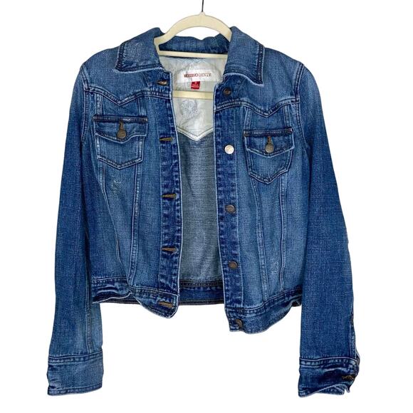 Mossimo Long Sleeve Distressed Denim Jean Jacket Blue Button Front Ripped Medium - Picture 1 of 16